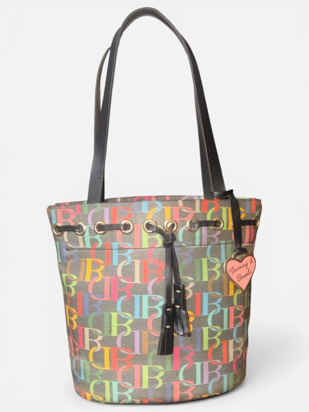 VTG Dooney & Bourke Rainbow Monogram Drawstring Tote B6877932 Black Leather 80s - Picture 3 of 9